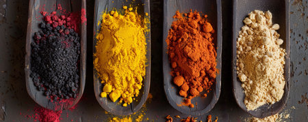 Artistic Array of Spices in Wooden Scoops on a Rustic Dark Background.の素材