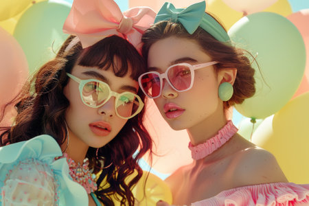 Two stylish young women adorned in retro inspired fashion with oversized bows and pastel sunglasses with balloons.の素材