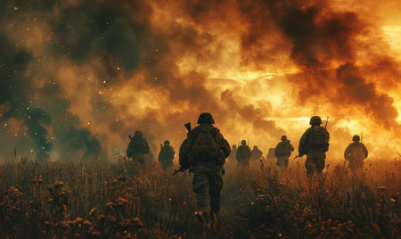 Soldiers marching forward through a field with an intense fire in the background.の素材