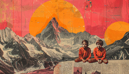 Abstract Surreal collage with boys and Mountain Backdrop.の素材