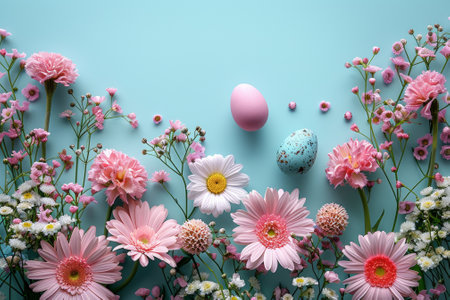 Flat lay of Easter eggs and fresh pink blooms against a blue backdrop.の素材