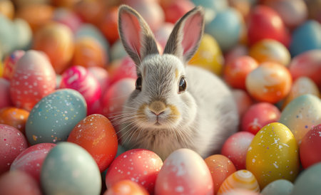Easter bunny is surrounded by a sea of colorful painted eggs.の素材