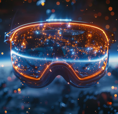 Futuristic virtual reality headset in neon color.の素材