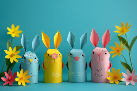 Colorful Easter Bunny Paper Crafts on blue background.の素材