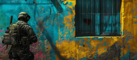 Soldier Standing Against Colorful Graffiti Wall in Urban Environment.の素材