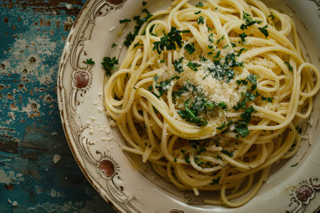 Plate of spaghetti garnished with fresh basil tomato and grated cheese.の素材