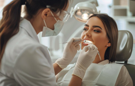 A young woman with a bright smile receiving dental treatment from a dentist.の素材
