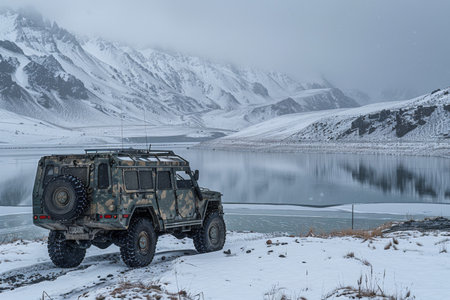 Military Vehicle in Snowy Mountains.の素材