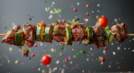 Succulent Grilled Steak Skewers with Herbs and Spices in Dynamic Flight.の素材
