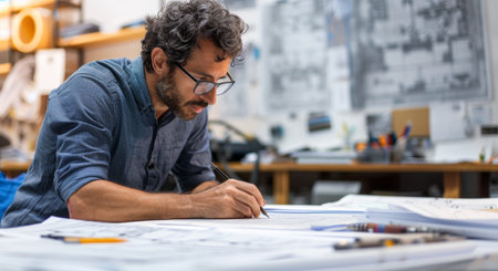 Architect Intently Drawing Blueprints in Bright Workshop.の素材