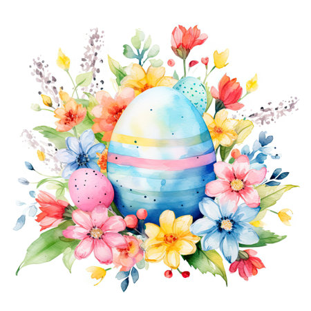 Pastel Watercolor Easter Egg Surrounded by Spring Blossoms.の素材