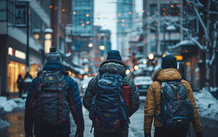 People with Backpacks Walking in Snowy City Evening.の素材