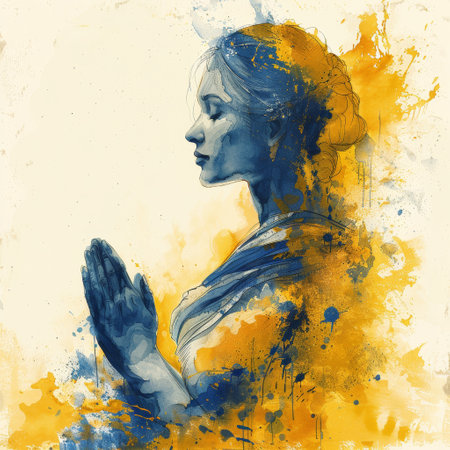Watercolor Portrait of a Woman in Prayer with Golden Yellow Backdrop.の素材