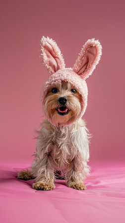 Yorkshire Terrier with pink bunny ears on a matching pink background festive spirit of Easter.の素材