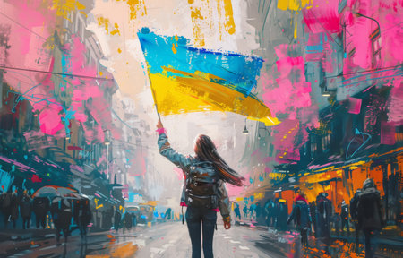 Artistic Illustration of Woman Holding Ukrainian Flag in Colorful City.の素材