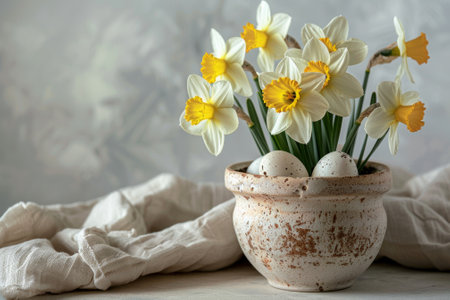 A still life arrangement of fresh daffodils in a ceramic bowl accompanied by Easter eggs.の素材
