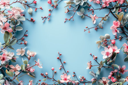 Spring floral border delicate pink blossoms and greenery on blue.の素材