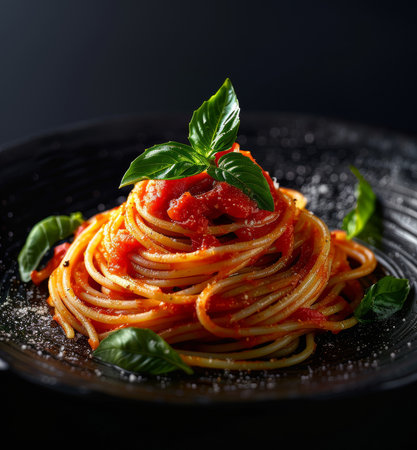 Close up of spaghetti in marinara sauce with fresh basil on a dark.の素材