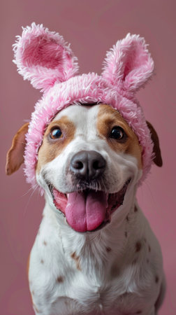 Charming dog with a joyful expression sports fluffy pink bunny ears.の素材