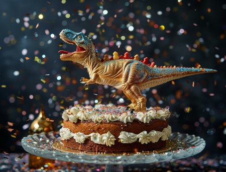 Sparkling Dinosaur Cake on confetti sparkles background.の素材
