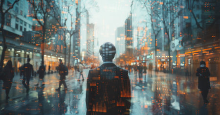Silhouette of a person overlaid with a bustling cityscape.の素材