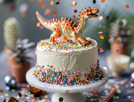 Festive Dinosaur Sprinkle Cake against a festive backdrop.の素材