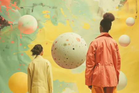 Abstract collage with people gaze at celestial orbs amid a splattered paint.の素材