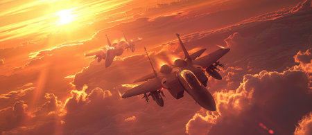 Dramatic scene of a fighter jet squadron flying together against a vivid sunset.の素材