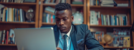 Businessman concentrates on his laptop in a library surrounded by books symbolizing the pursuit of knowledge and business acumen.の素材