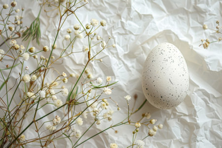 Delicate Easter composition featuring a speckled egg nestled among tender white flowers.の素材