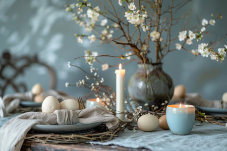 Candle in a ceramic holder surrounded by spring blossoms and speckled eggs on a soft fabric backdrop.の素材