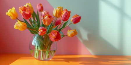 Fresh Orange and Yellow Tulips in Glass Vase with Soft Shadows.の素材