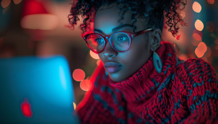 A young woman is absorbed in her laptop red and blue lights around her.の素材