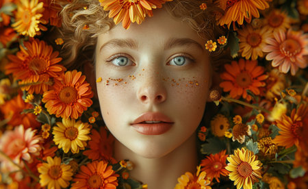Blossoming Beauty in Floral Immersion portrait of a young woman in orange flowers.の素材