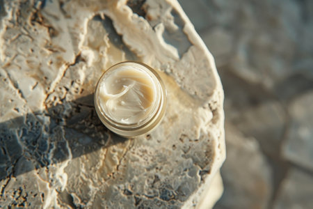 Open jar of moisturizer rests on a sunlit rock surface.の素材