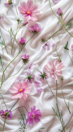 Delicate pink flowers gracefully arranged on flowing white silk.の素材