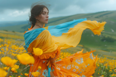 Woman in a Vibrant Ukrainian National flag color blue and yellow color in a Wildflower Field.の素材