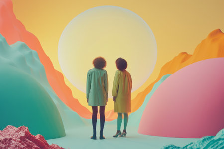 Collage with people and Dreamlike Landscape with Abstract Peaks.の素材