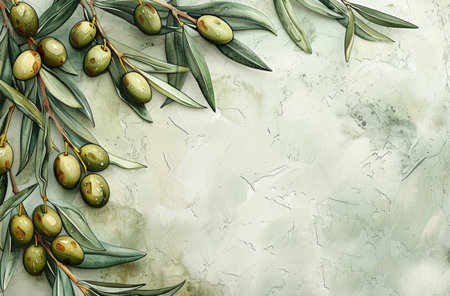 Artistic Illustration of Olives with Branches on Textured Background.の素材