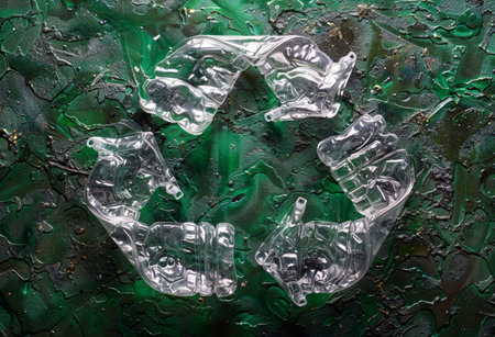 Recycle Symbol Crafted from Crushed Plastic Bottles on Green Surface.の素材