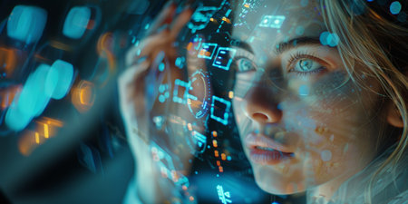 Woman interacting with futuristic holographic interfaces of reality and digital innovation.の素材