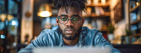 Engrossed in his work at a cafe young man with glasses.の素材