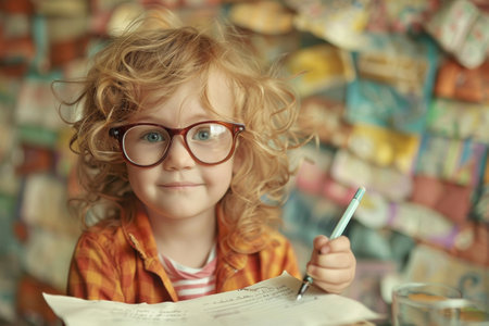 A child with glasses holds a pen poised to create.の素材