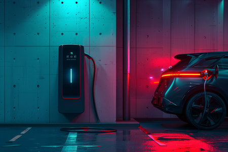 Electric SUV Charging at Futuristic Neon Station.の素材