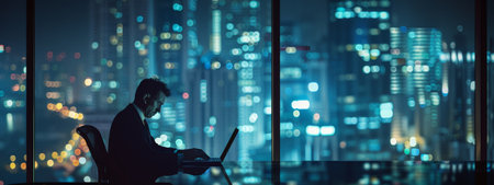 Businessman works intently on his laptop against the backdrop of a city night lights.の素材