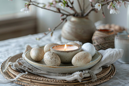 Candle in a ceramic holder surrounded by spring blossoms and speckled eggs on a soft fabric backdrop.の素材