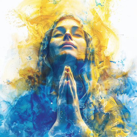 Watercolor Woman Praying in Ukrainian National color blue and yellow.の素材
