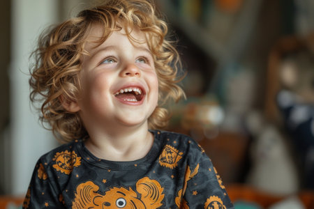 Joyful child with curly hair laughter in room.の素材