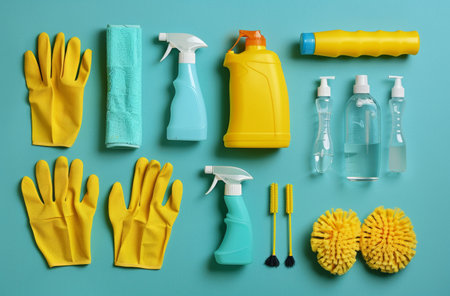 Assortment of cleaning supplies and yellow gloves on a blue background.の素材