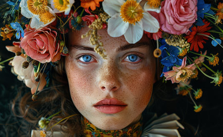 Close up of a young woman wearing a wreath of flowers on her head.の素材